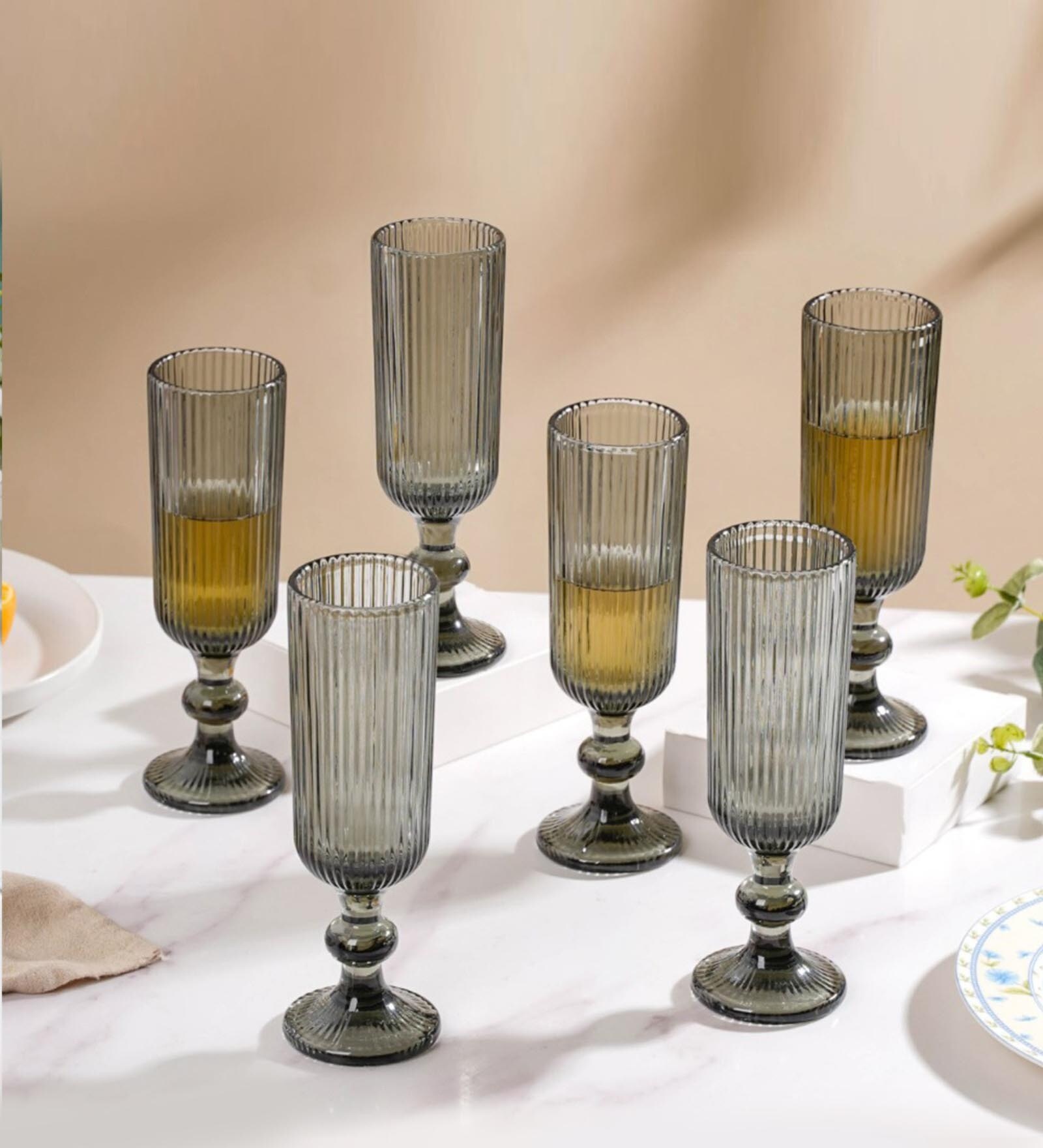 Ribbed Vintage 300ml Grey Crystal Glass (Set of 6) Fluted Stem Champagne Glass Ribbed Vintage 300ml Grey Crystal Glass (Set of 6) Fluted Stem Champagne Glass