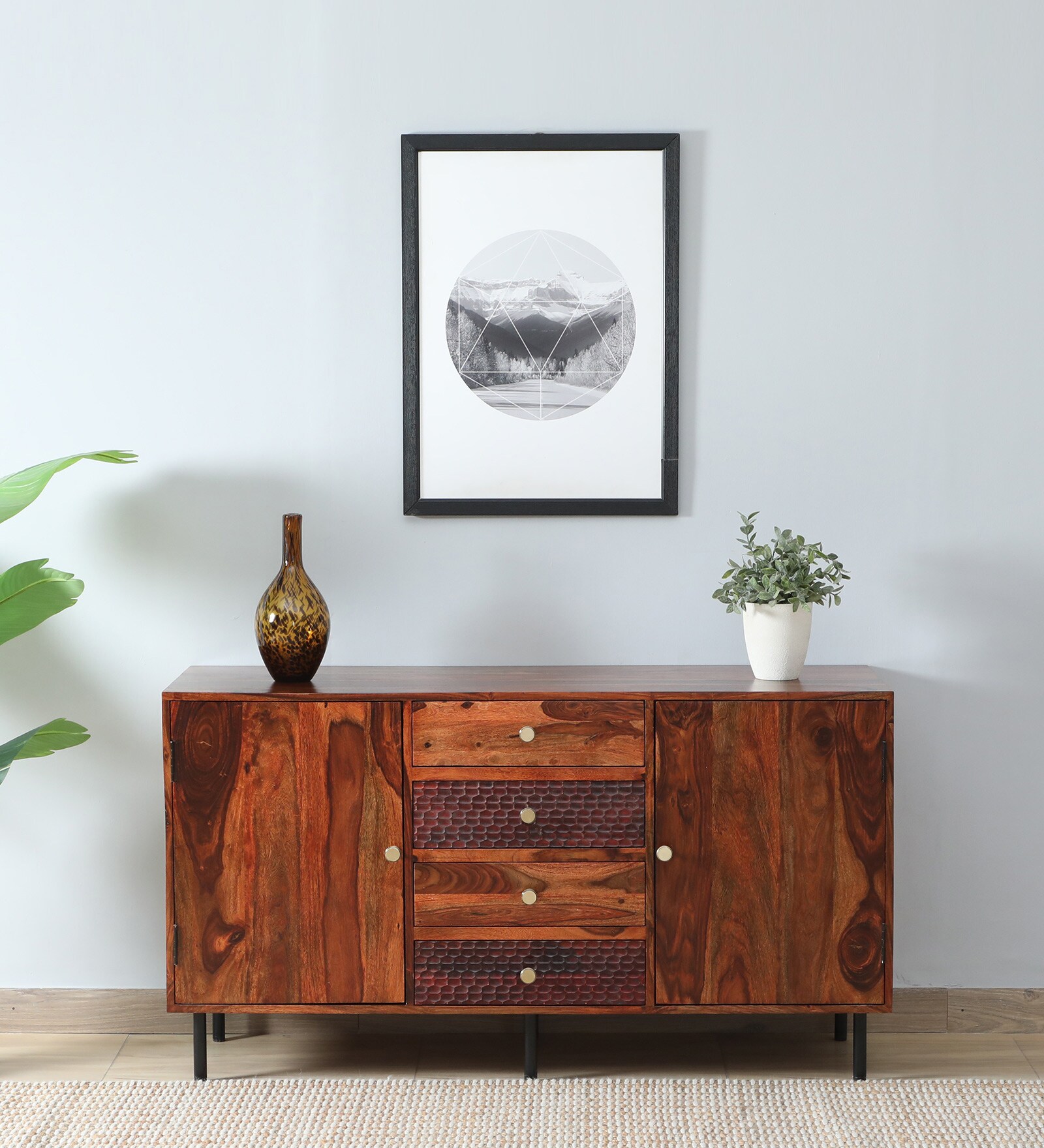 Richmond Sheesham Wood 2 Door Sideboard In Honey Oak Finish With 4 Drawers