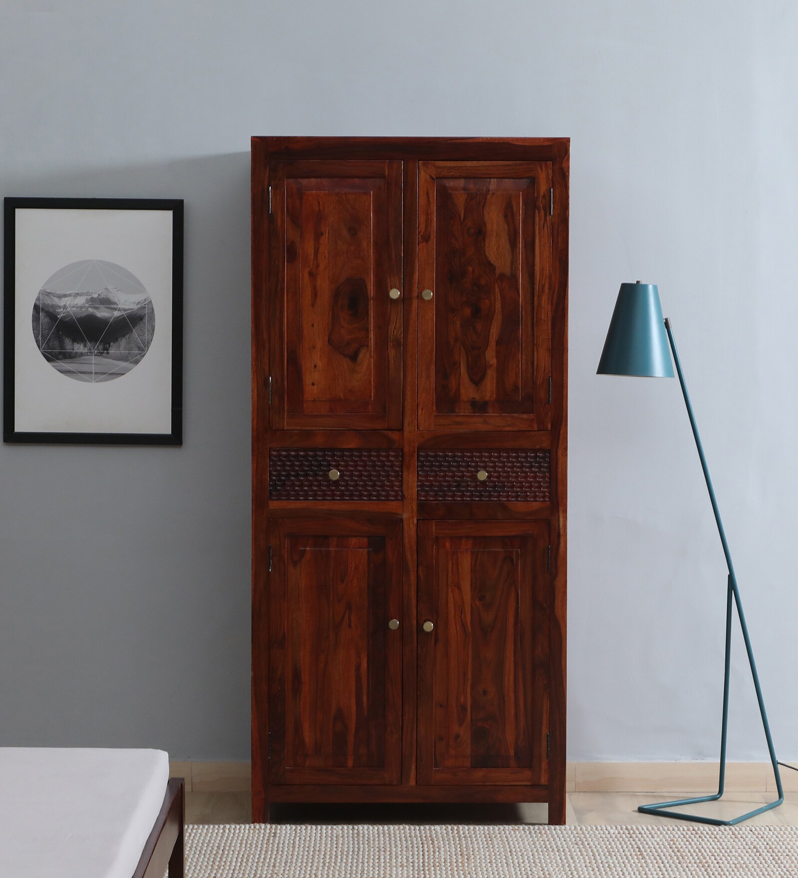 Richmond Sheesham Wood 2 Door Wardrobe In Honey Oak Finish With Drawer