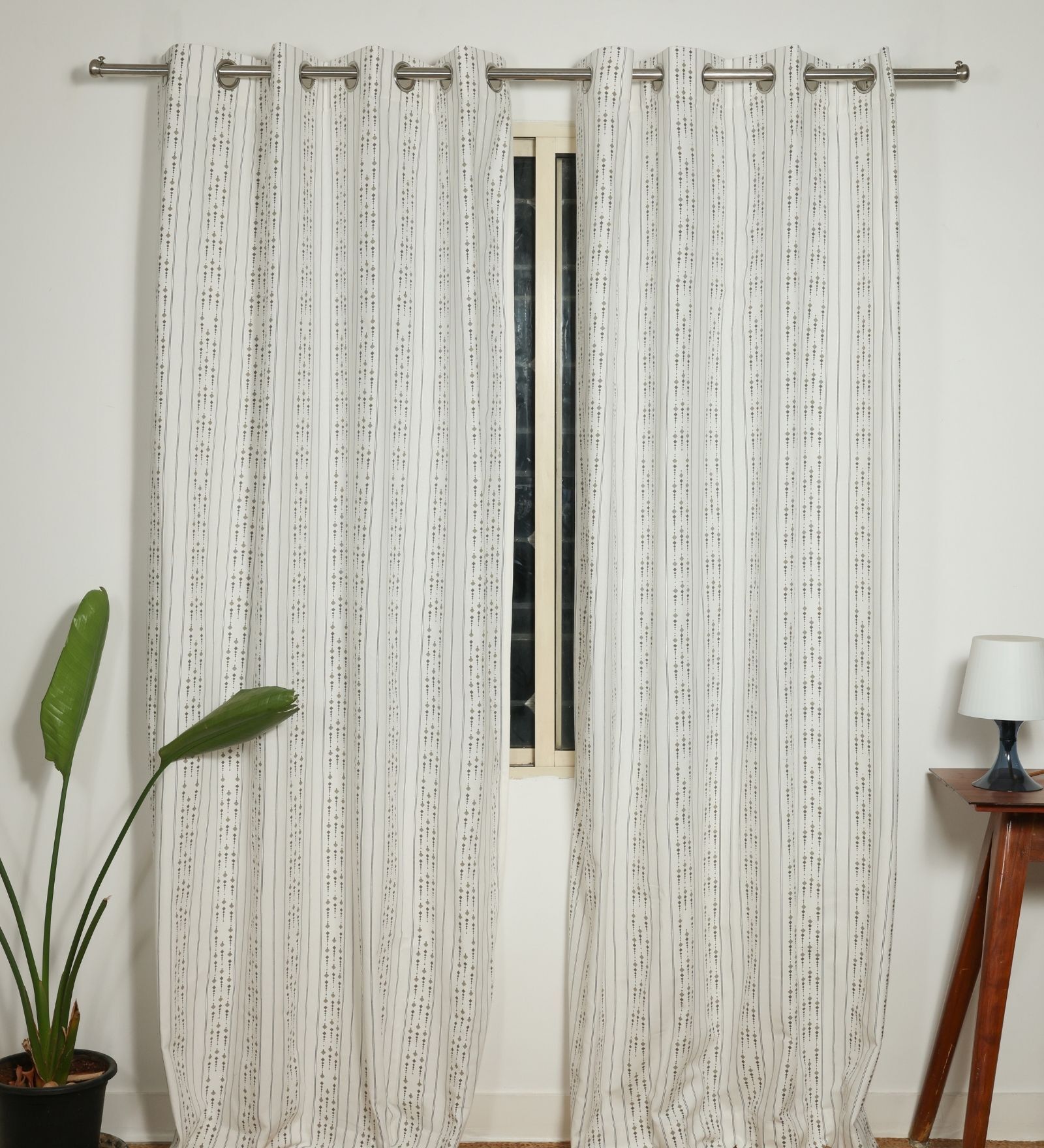 Riga Grey Cotton 230 GSM  Geometric 7 Feet Room Darkening Eyelet Door Curtains (2 Pc)