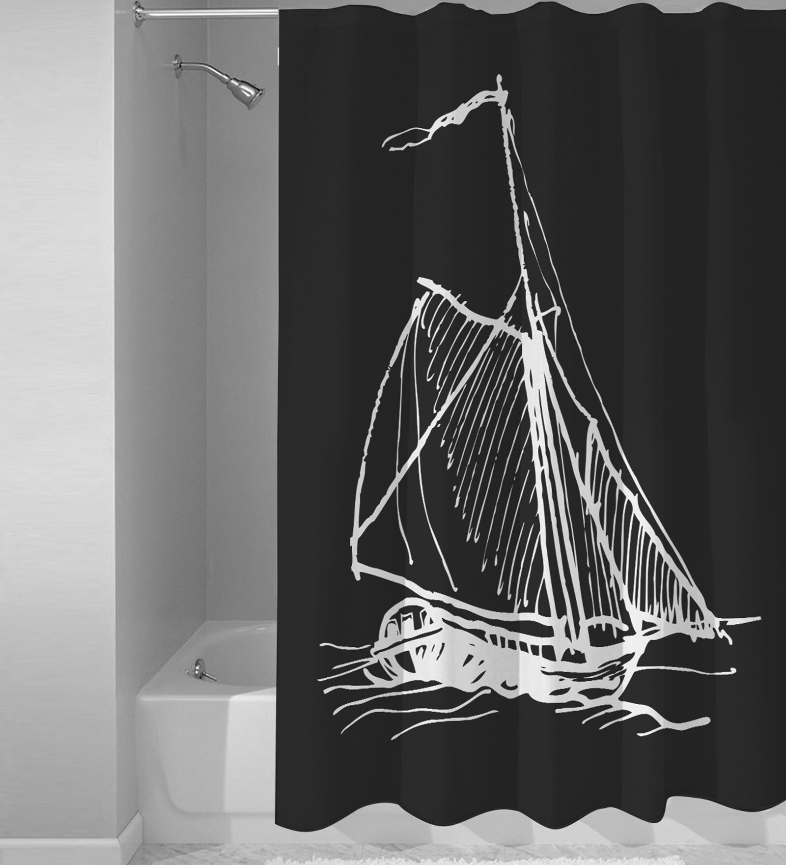 White & Black Polyester Shower Curtain (Length: 84, Width: 48 Inches)