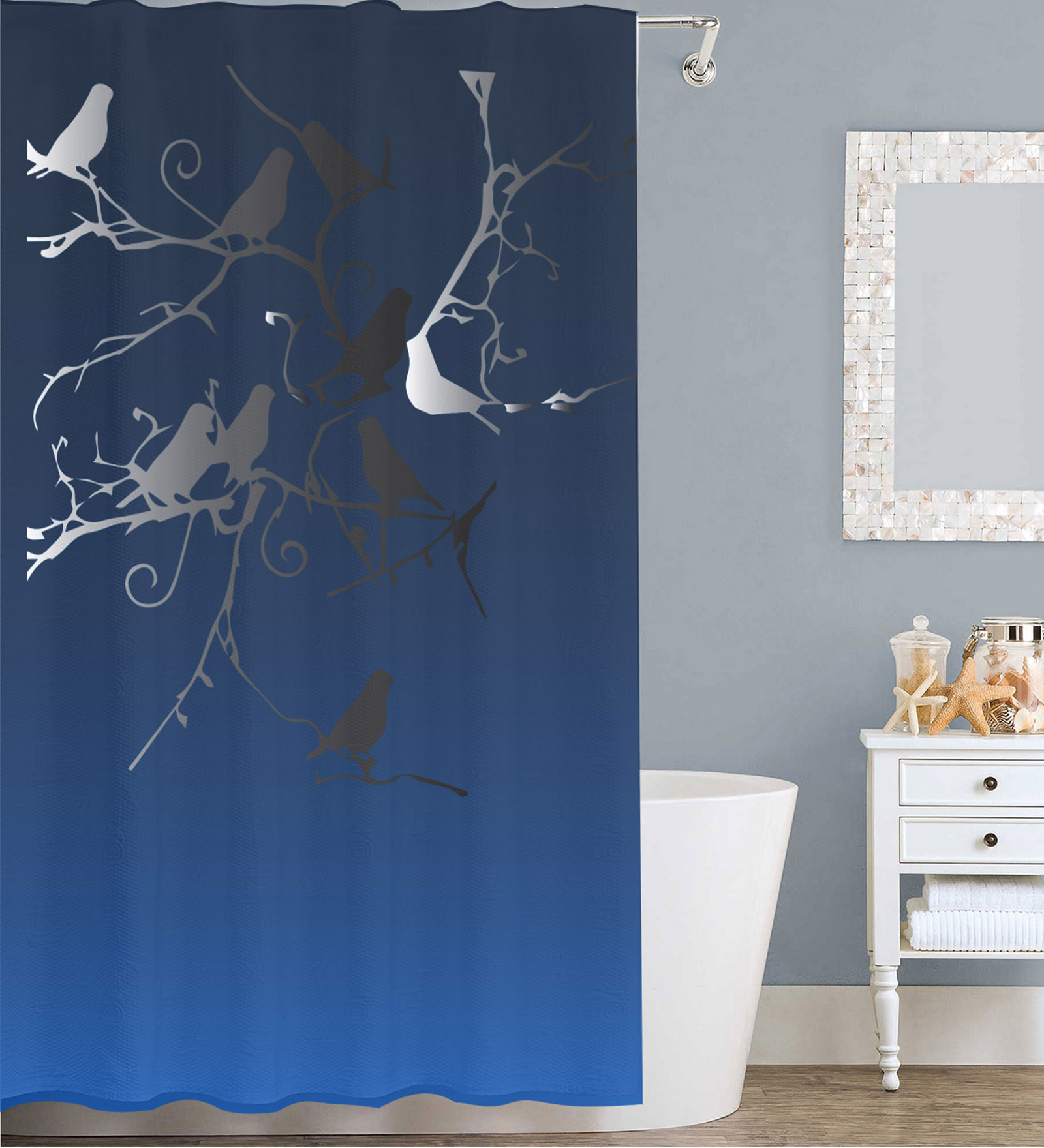 Blue Clip Art Polyester Shower Curtain (Length: 84, Width: 48 Inches)