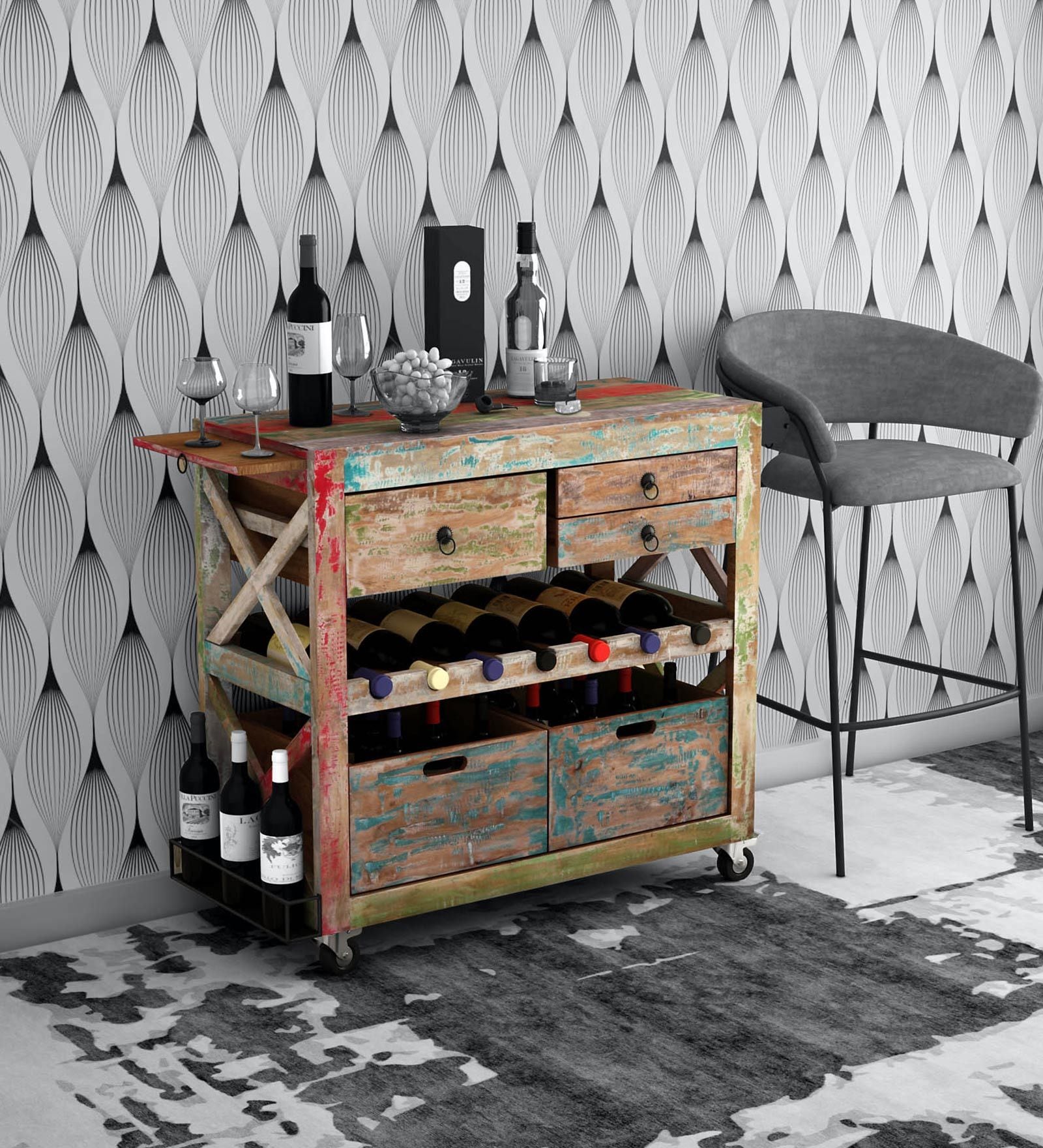 Rilan Solid Wood Bar Trolley in Distress Finish