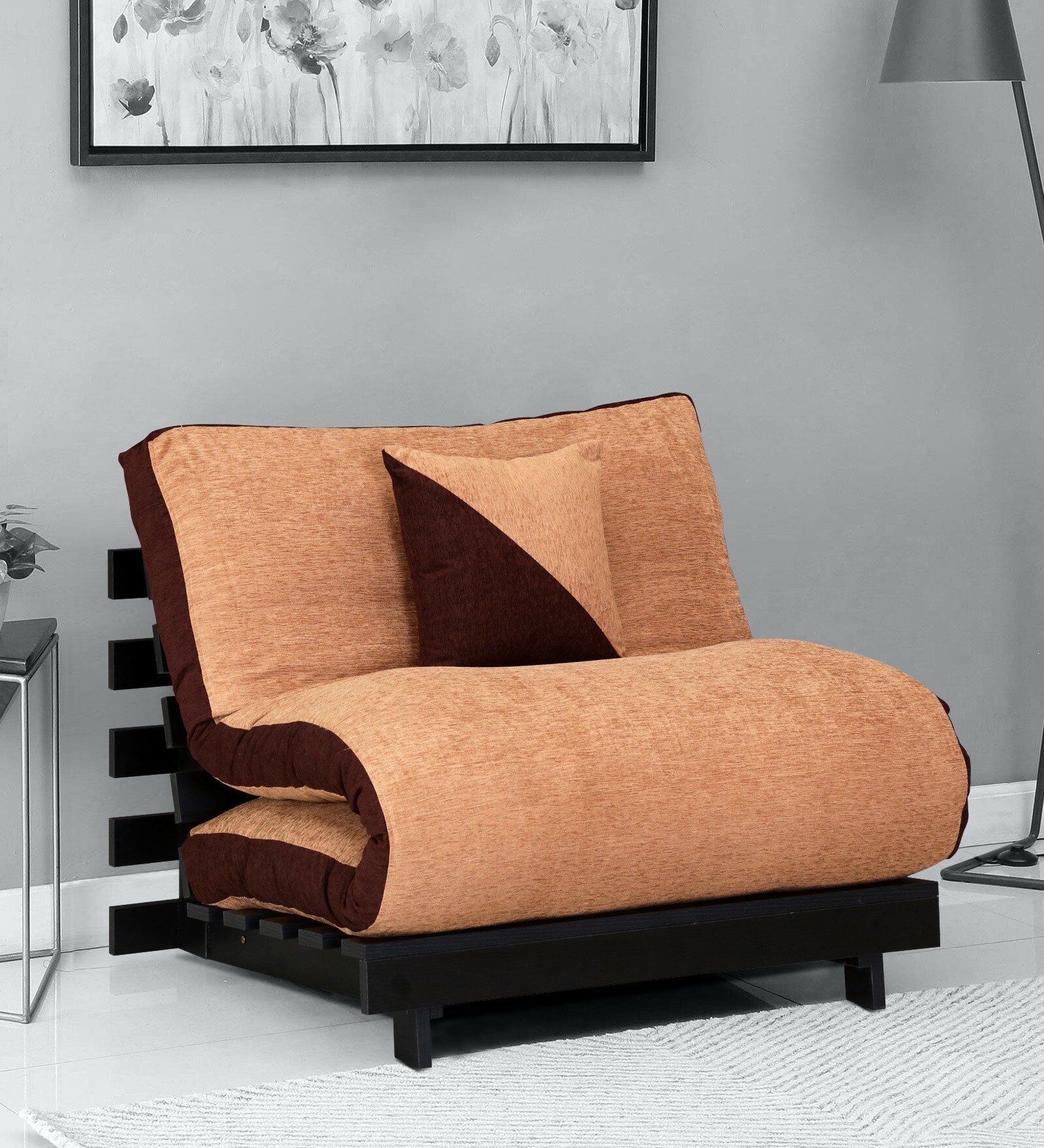 Rille Single Futon with Mattress in Brown Colour
