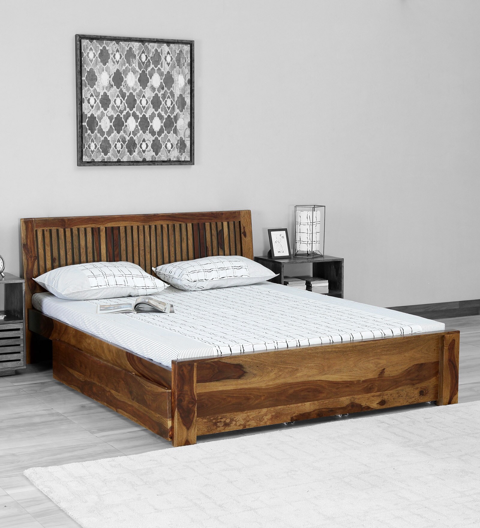 Risner Sheesham Wood King Size Bed With Drawer Storage In Provincial Teak Finish