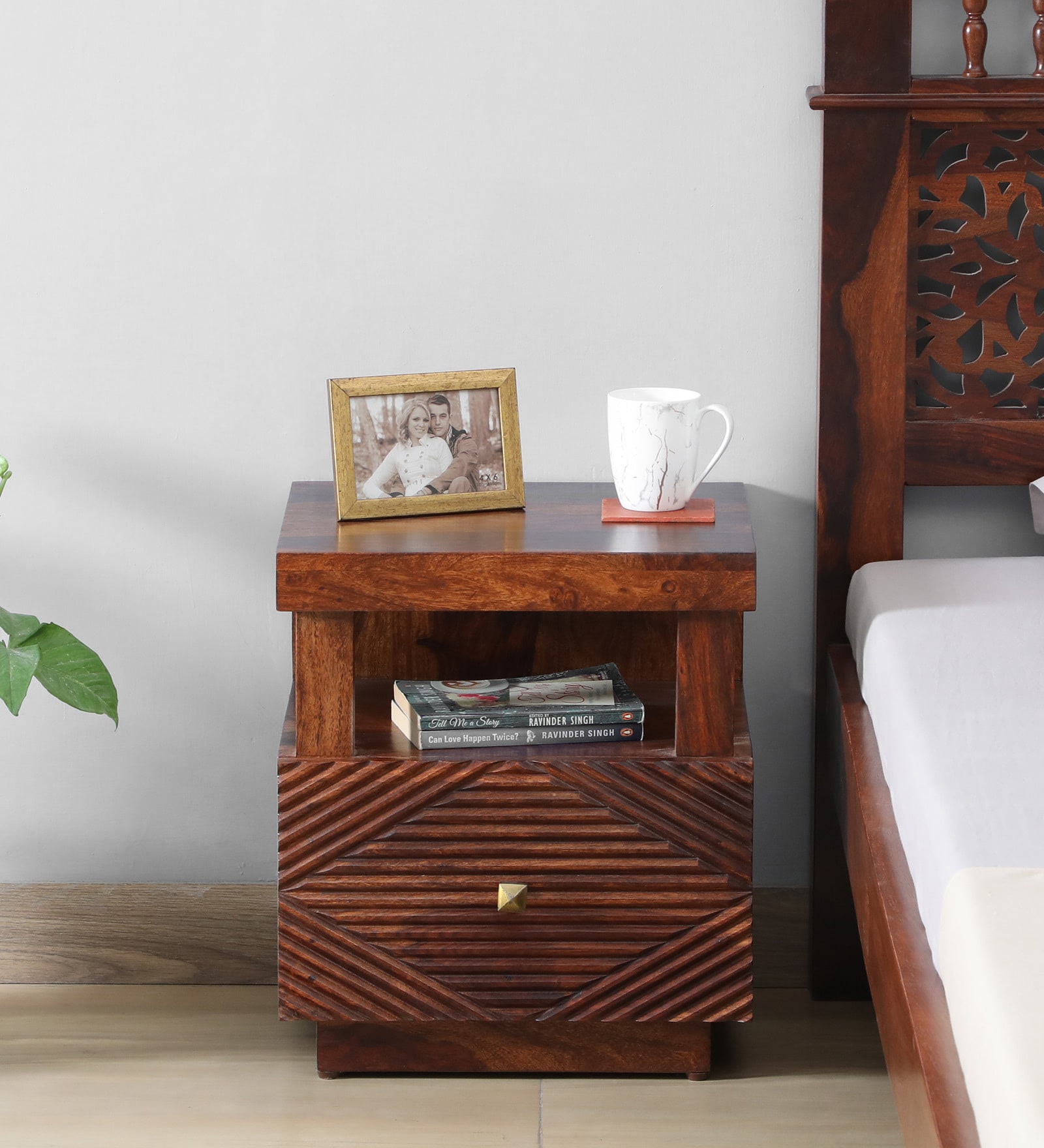 Ritmo Sheesham Wood Bedside Table In Honey Oak Finish With Drawers