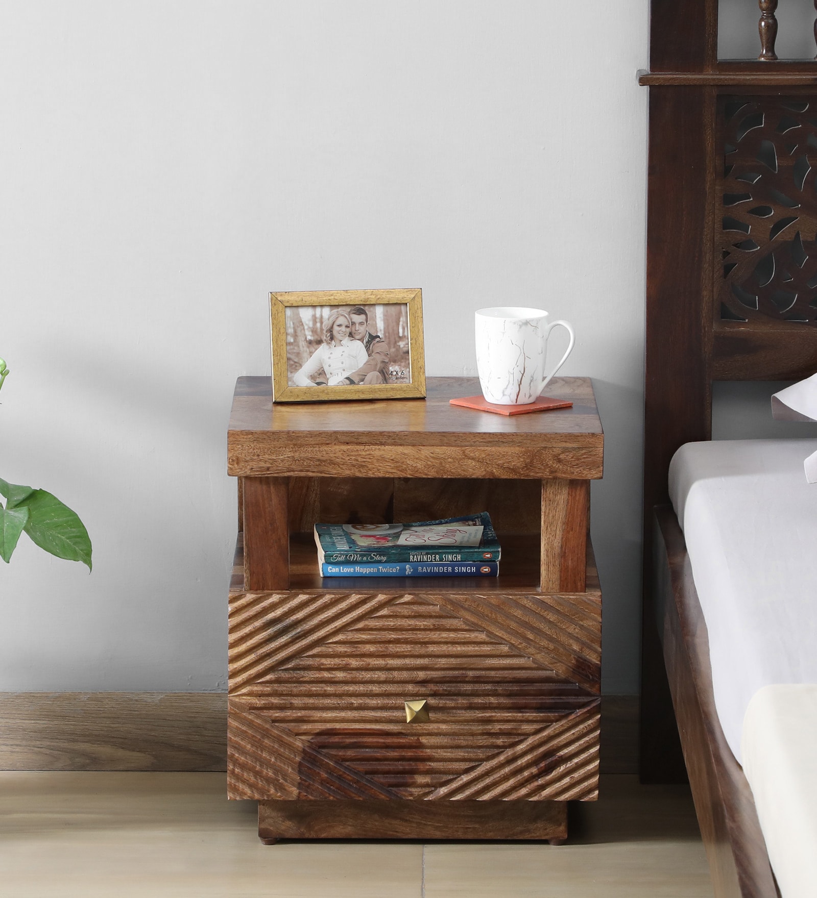Ritmo Sheesham Wood Bedside Table In Rustic Teak Finish With Drawers