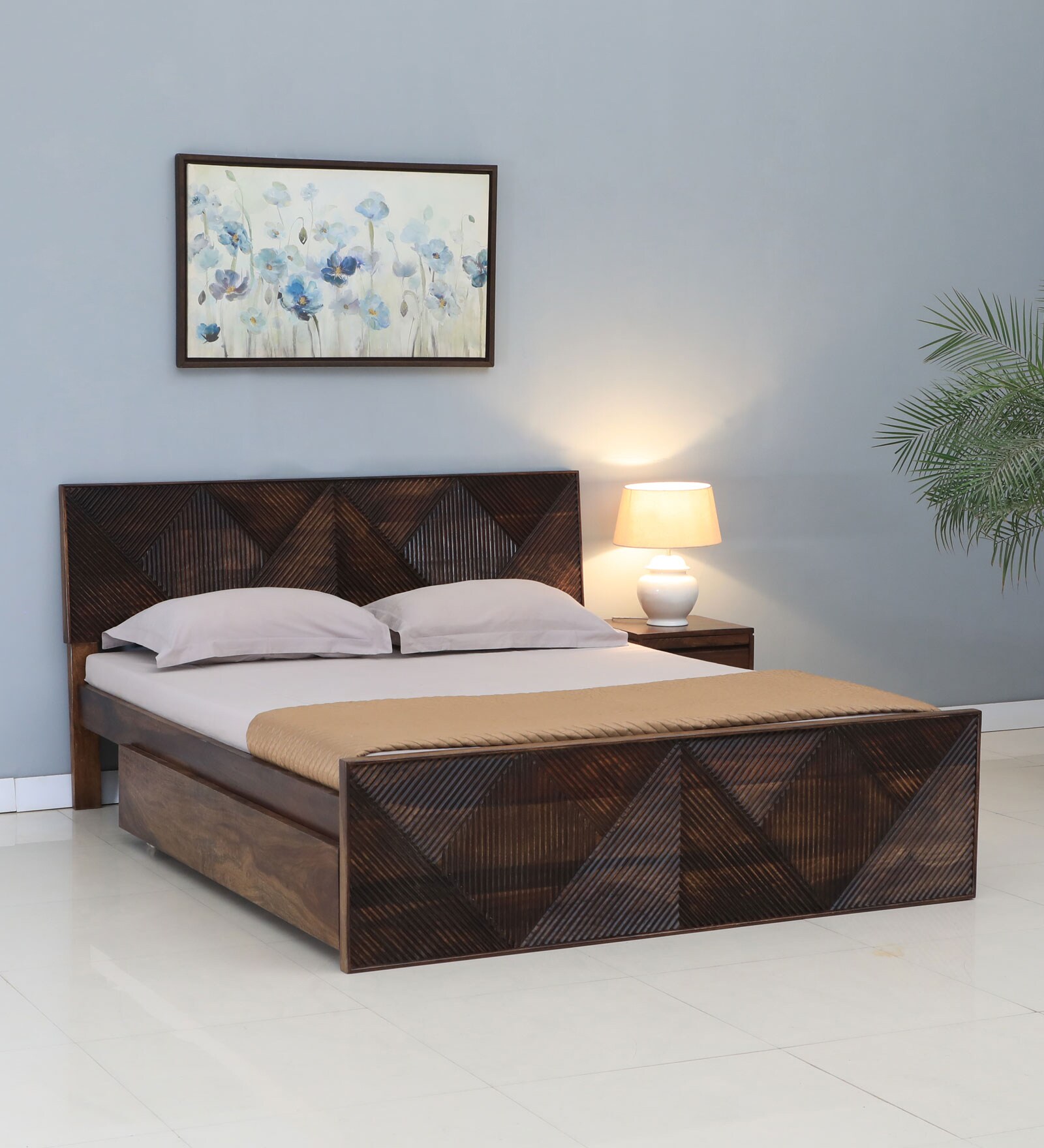 Ritmo Sheesham Wood Queen Size Bed In Provincial Teak Finish With Drawer Storage