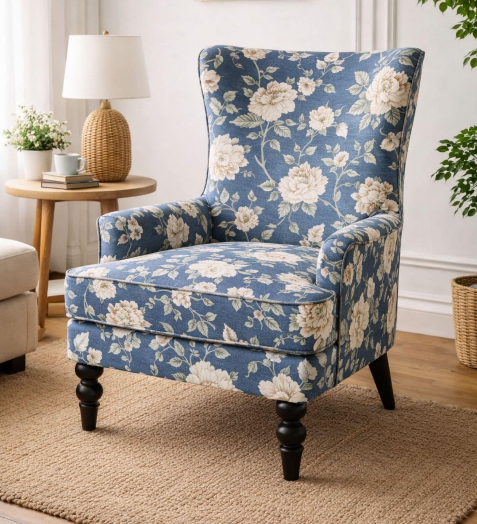 Riven Teak Wood Wing Chair With Suede Fabric In Blue Colour Riven Teak Wood Wing Chair With Suede Fabric In Blue Colour