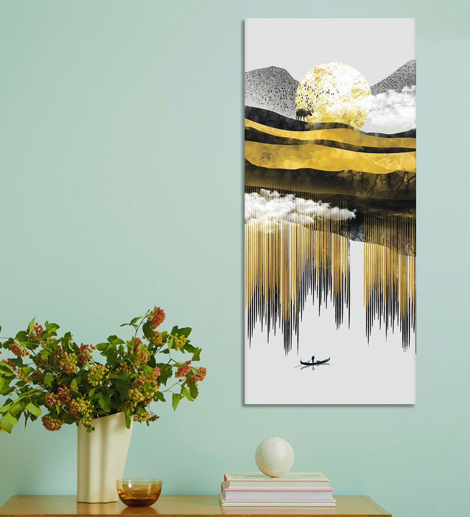 River Black Canvas Teakwood And MDF Framed Art Print