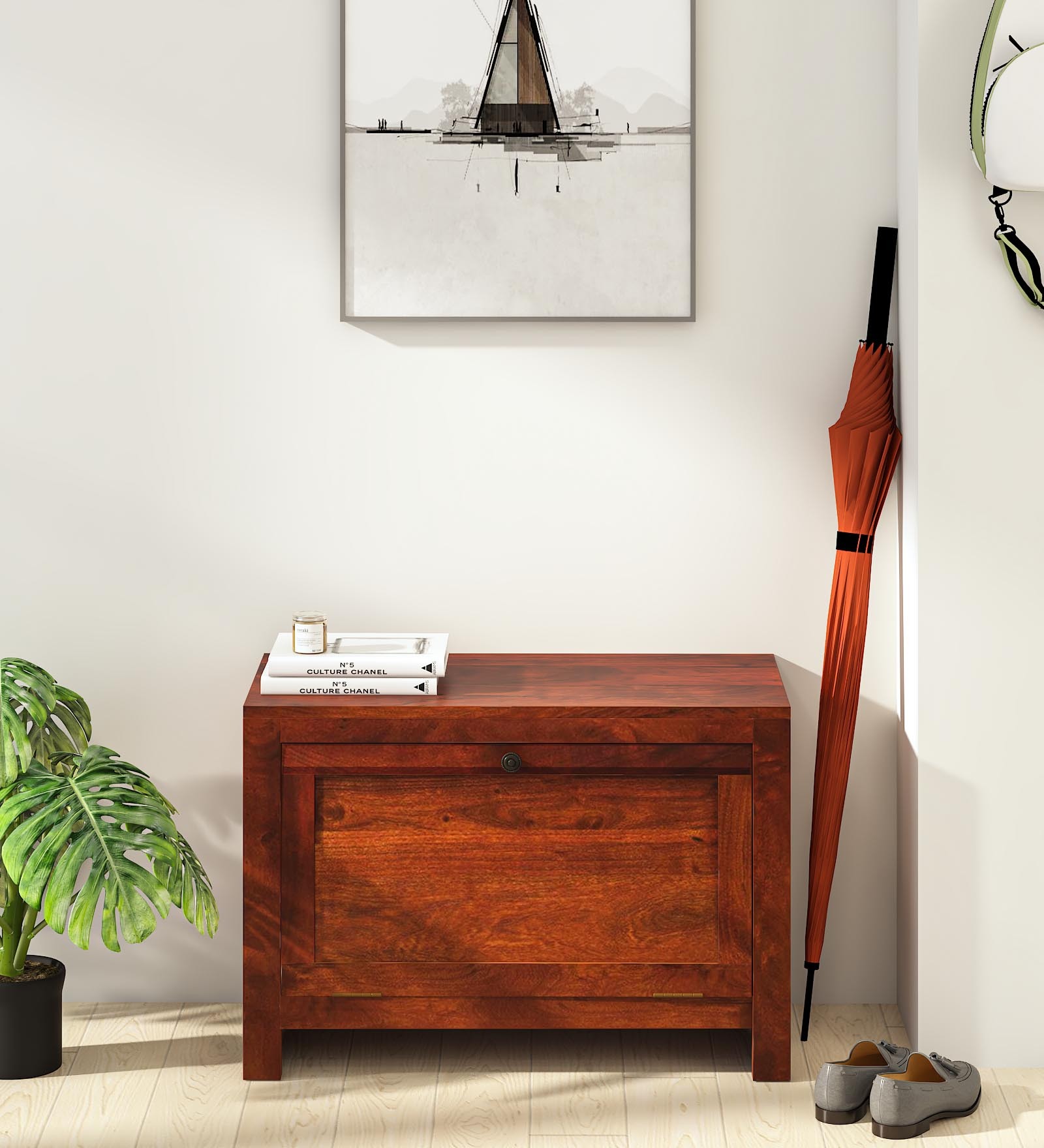 Riviera Sheesham Wood Shoe Cabinet In Honey Oak Finish