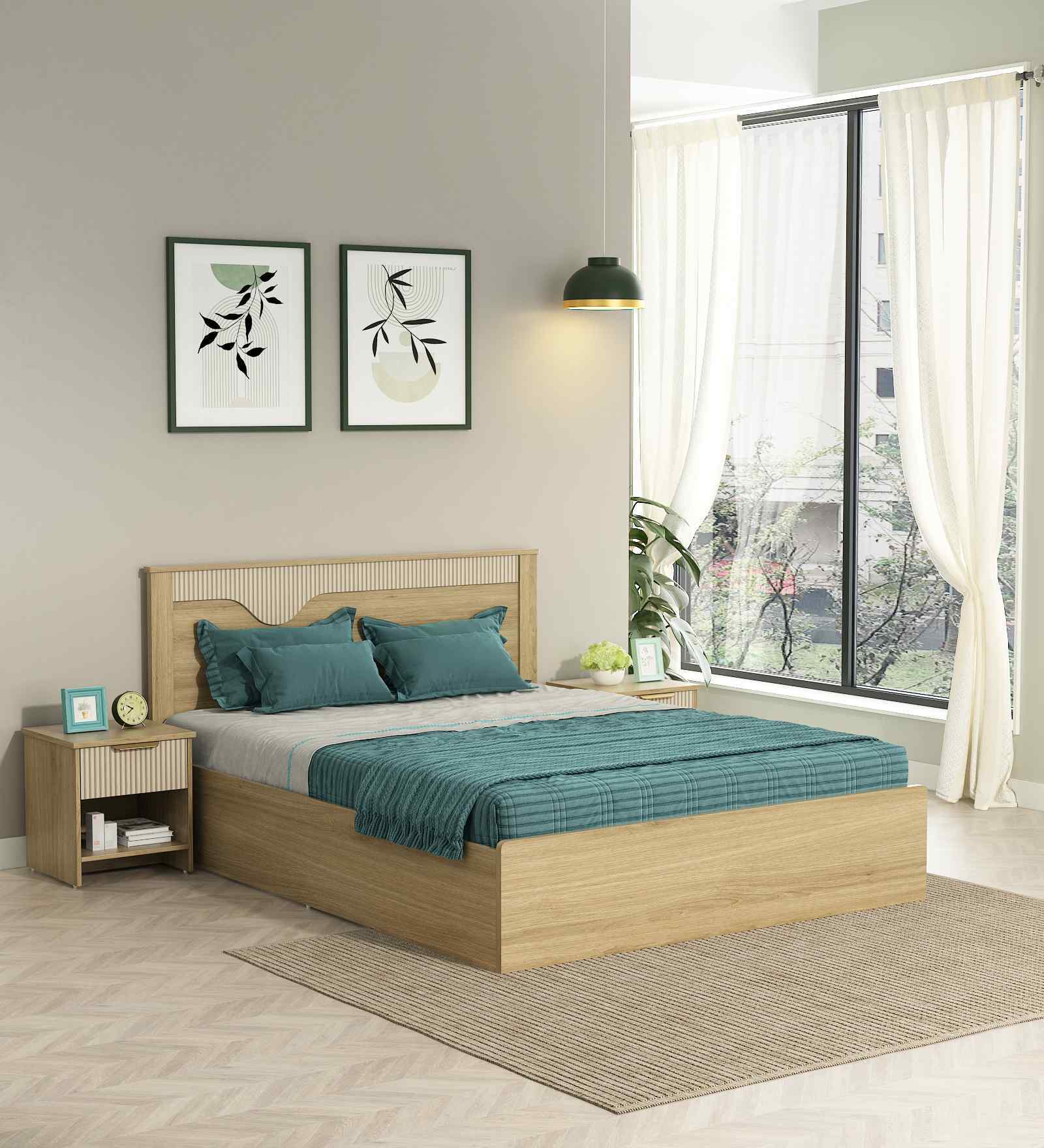 Rivolla Queen Size Bed With Hydraulic Storage In Santana Oak & Bamboo Flute Finish