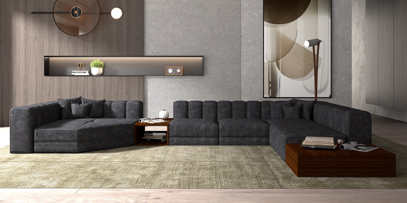 Ricardo Fabric Corner Sofa in Dark Grey  with Wooden Tables