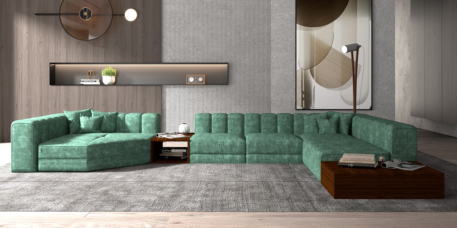 Ricardo Fabric Corner Sofa in Green  with Wooden Tables