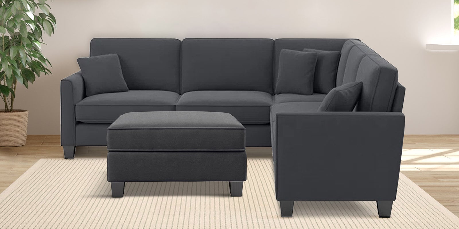 Riley Velvet 5 Seater Corner Sofa In Dark Grey Colour With Ottoman