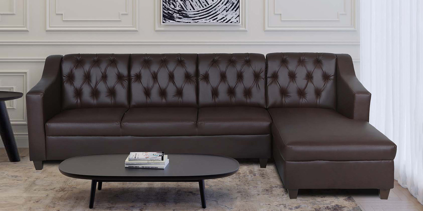 Riosche Leatherette LHS Sectional Sofa (3+ Lounger)in Dark Brown Colour