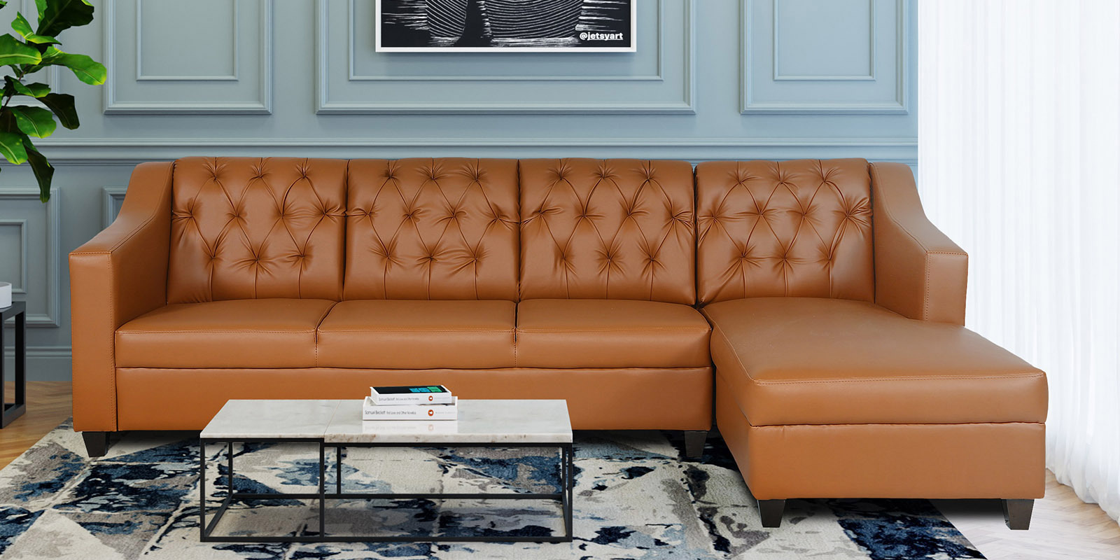 Riosche Leatherette LHS Sectional Sofa (3+ Lounger)in Tan Colour