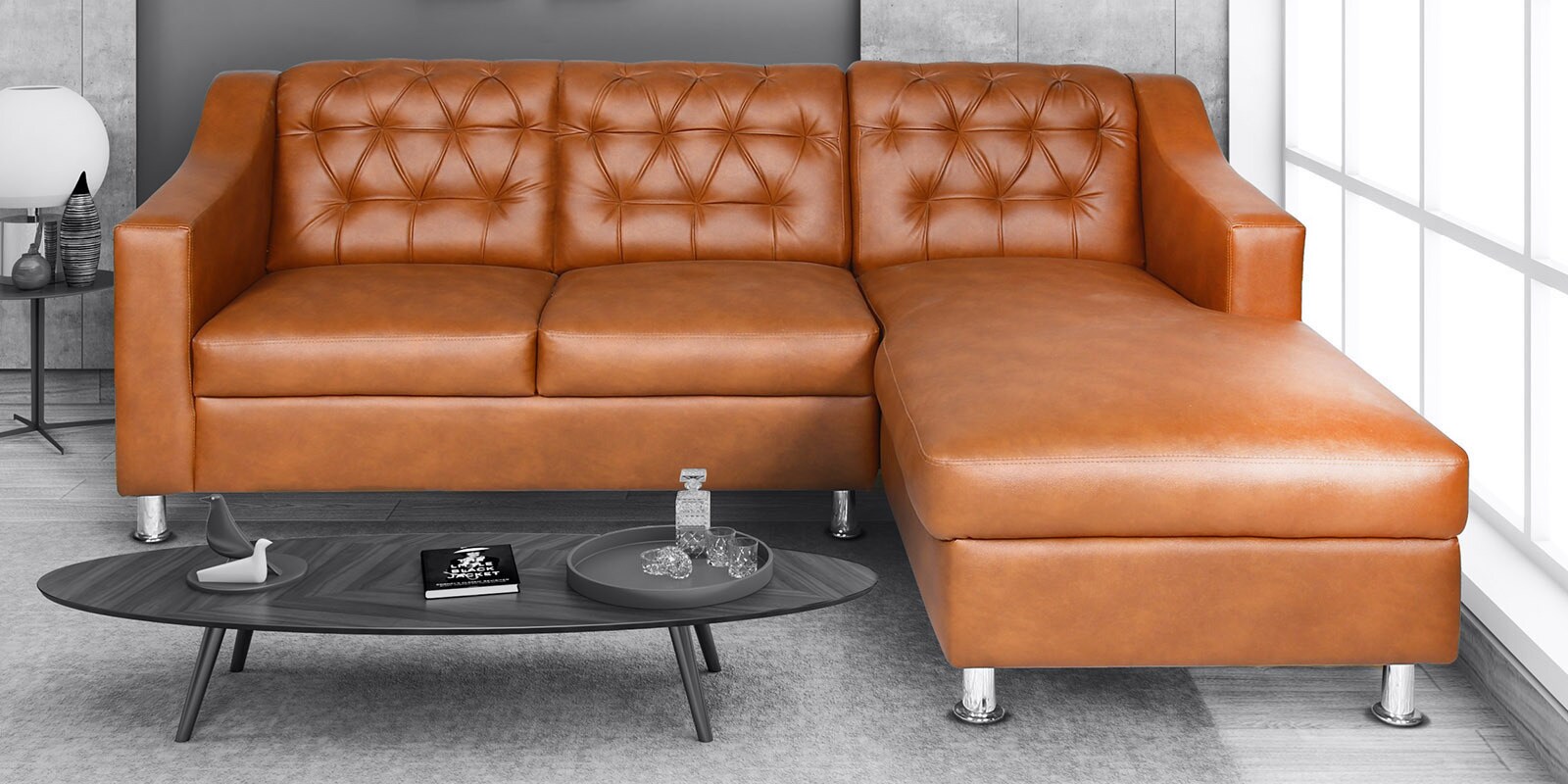 Riosche Leatherette LHS Sectional Sofa ( 2+ Lounger) in Tan Colour
