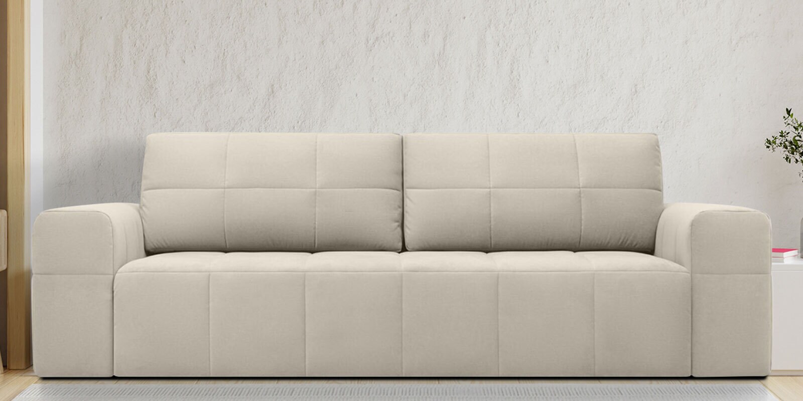 Riyab Velvet Convertible Sofa Cum Bed in Cream Color,