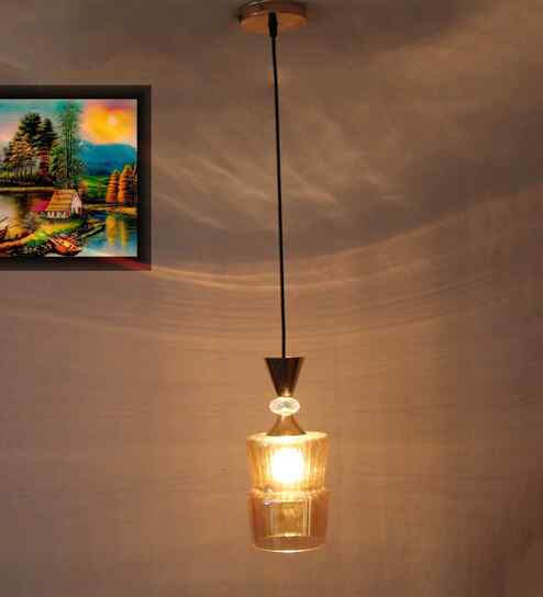 Ribbed Amber Glass Pendant Light Gold Finish