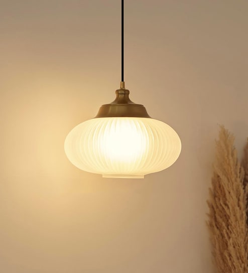 Ribbed Frosted Melon Glass Hanging Pendant Light with Antique Brass Finish