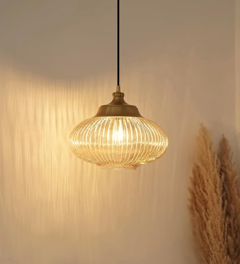 Ribbed Golden Luster Melon Glass Hanging Pendant Light with Antique Brass Finish