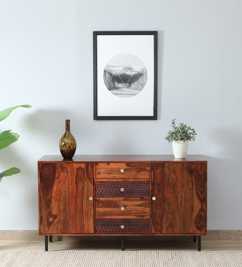 Richmond Sheesham Wood 2 Door Sideboard In Honey Oak Finish With 4 Drawers