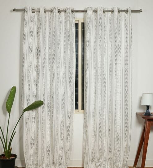 Riga Grey Cotton 230 GSM  Geometric 7 Feet Room Darkening Eyelet Door Curtains (2 Pc)