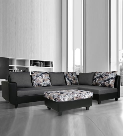 Rio Fabric LHS Sectional Sofa in Grey & Black Colour with Coffee Table