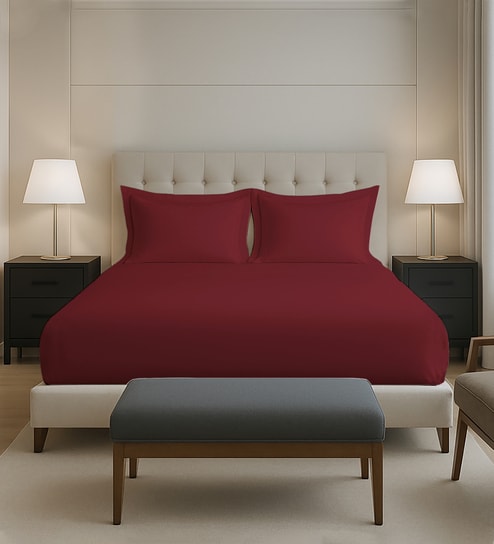 Rio Red Solid 400 TC Cotton Queen Sized Fitted sheet with 2 Pillow Covers