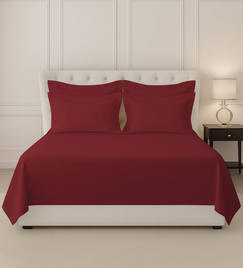 Rio Red Solid 400 TC Cotton Super King Sized Bedsheet with 4 Pillow Covers