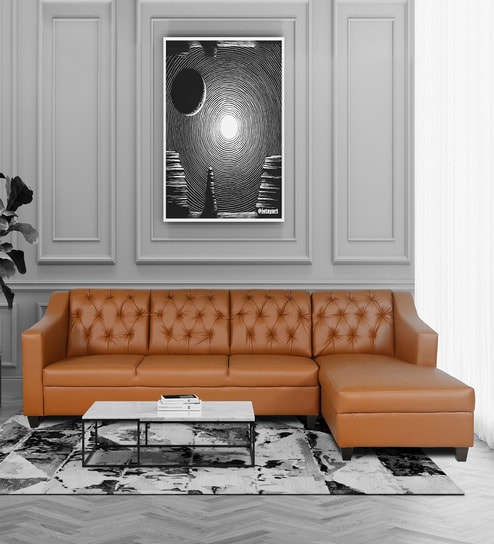 Riosche Leatherette LHS Sectional Sofa (3+ Lounger)in Tan Colour