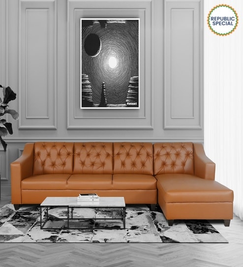 Riosche Leatherette LHS Sectional Sofa (3+ Lounger)in Tan Colour