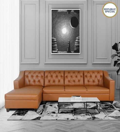 Riosche Leatherette RHS Sectional Sofa (3+ Lounger)in Tan Colour