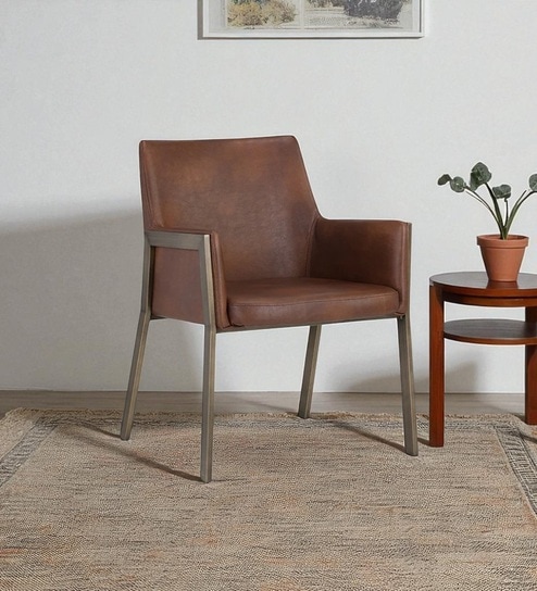 Risen Leatherette Armchair with Angled Backrest and Brushed Brass Metal Frame   BrownColour