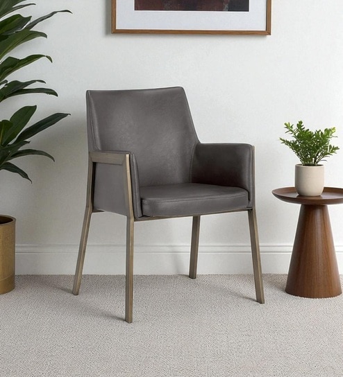 Risen Leatherette Armchair with Angled Backrest and Brushed Brass Metal Frame   Grey Colour