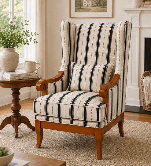 Riven Teak Wood Wing Chair With Suede Fabric In White Colour