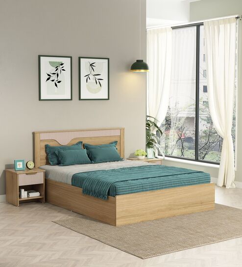 Rivolla King Size Bed With Hydraulic Storage In Santana Oak & Bamboo Flute Finish
