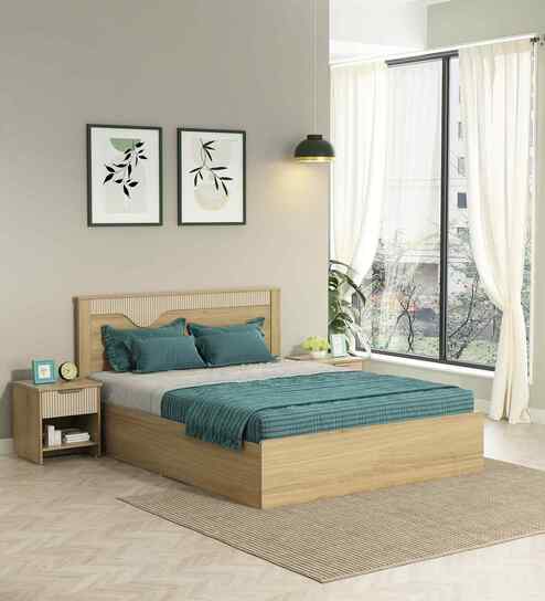 Rivolla King Size Bed With Box Floor Storage In Santana Oak & Bamboo Flute Finish