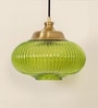 Ribbed Green Melon Glass Hanging Pendant Light with Antique Brass Finish