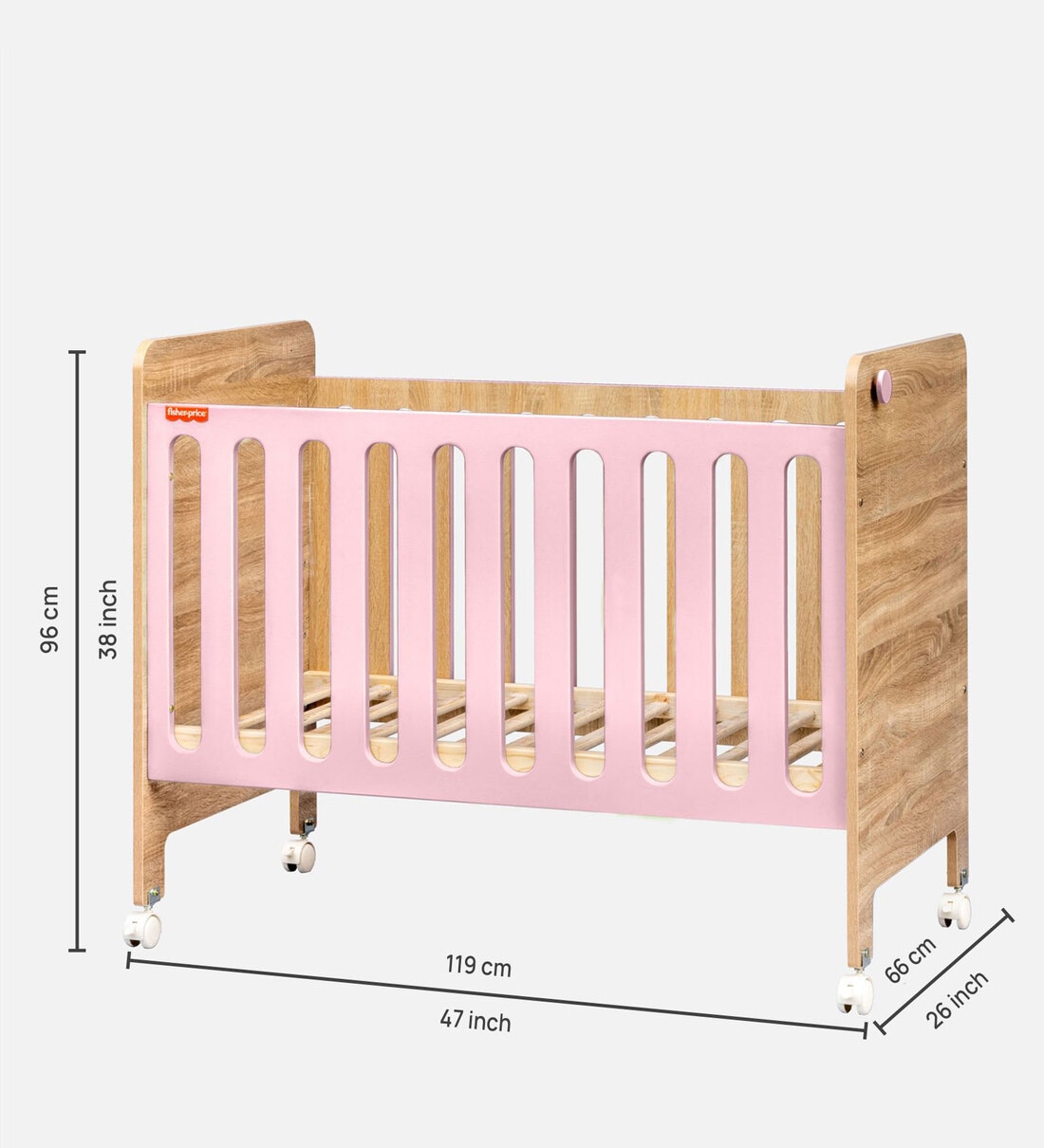 Romania Height Adjustable Baby Crib With Wheels Mattress In Pink Colour