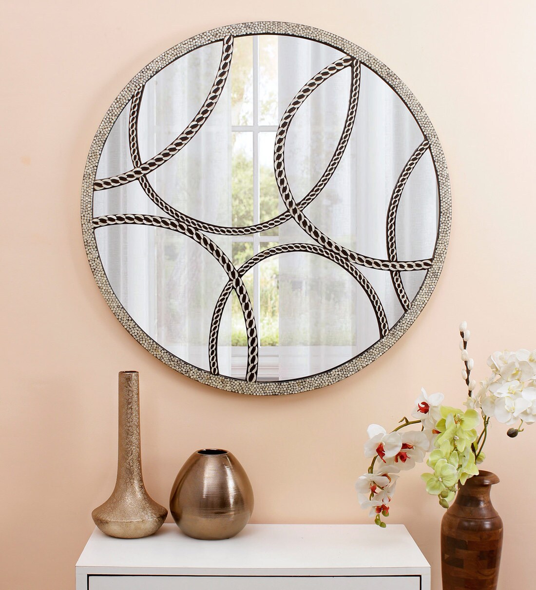 Buy Round Capiz Glass Mother Of Pearl Finish Wall Mirror In