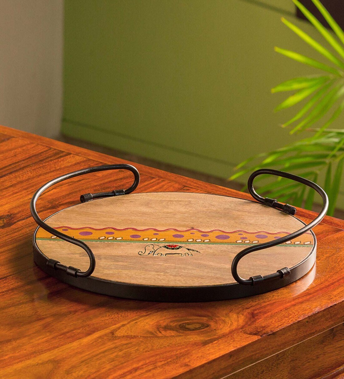 Buy Round Handled Madhubani Mango Wood Serving Tray by ExclusiveLane