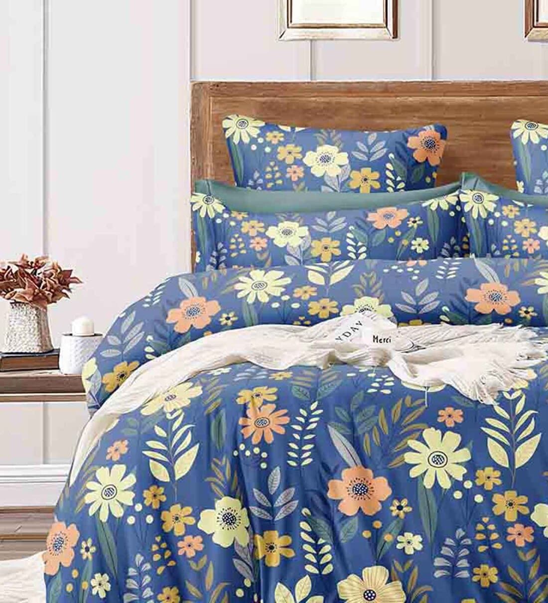 Buy Royal Blue Floral 160 TC Microfibre King Sized Bedsheet with