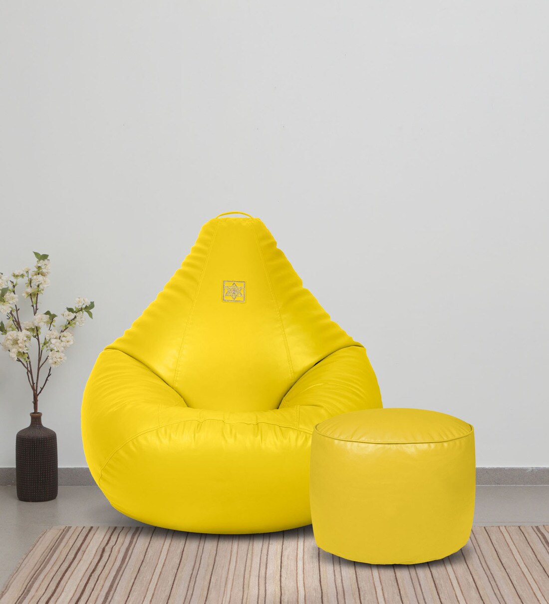 Buy Royal XL Leatherette Bean Bag Cover in Yellow Colour with Pouffe
