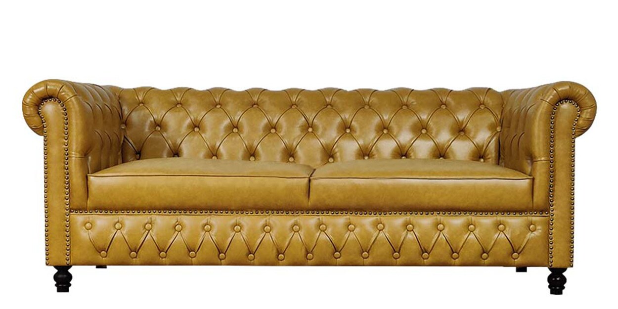 Buy Viterbo Leatherette Chesterfield 2 Seater Sofa in Mustard Yellow Finish  at 30% OFF by Adorn Homez