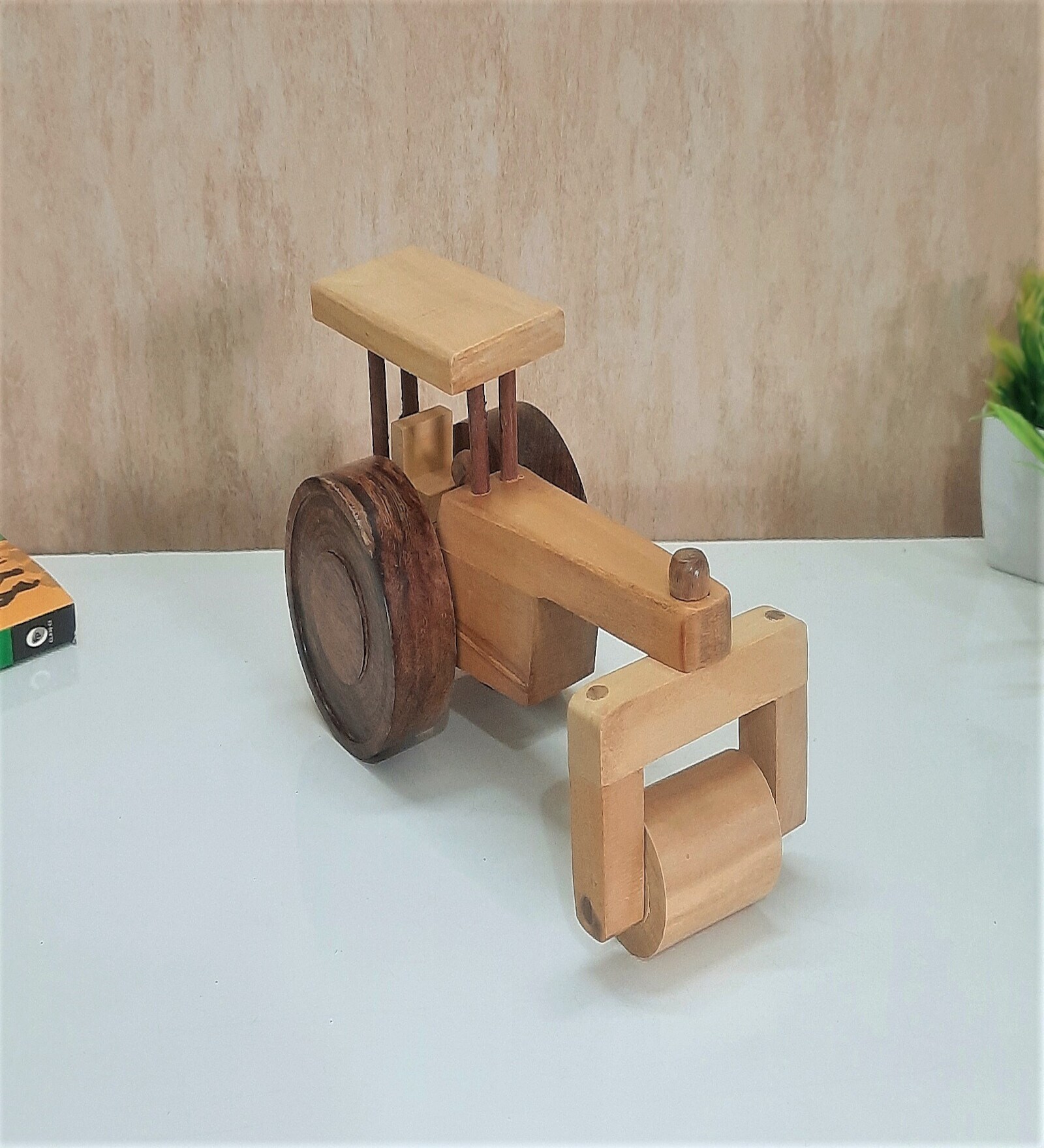 Road Roller Yellow Natural Wood Collectible