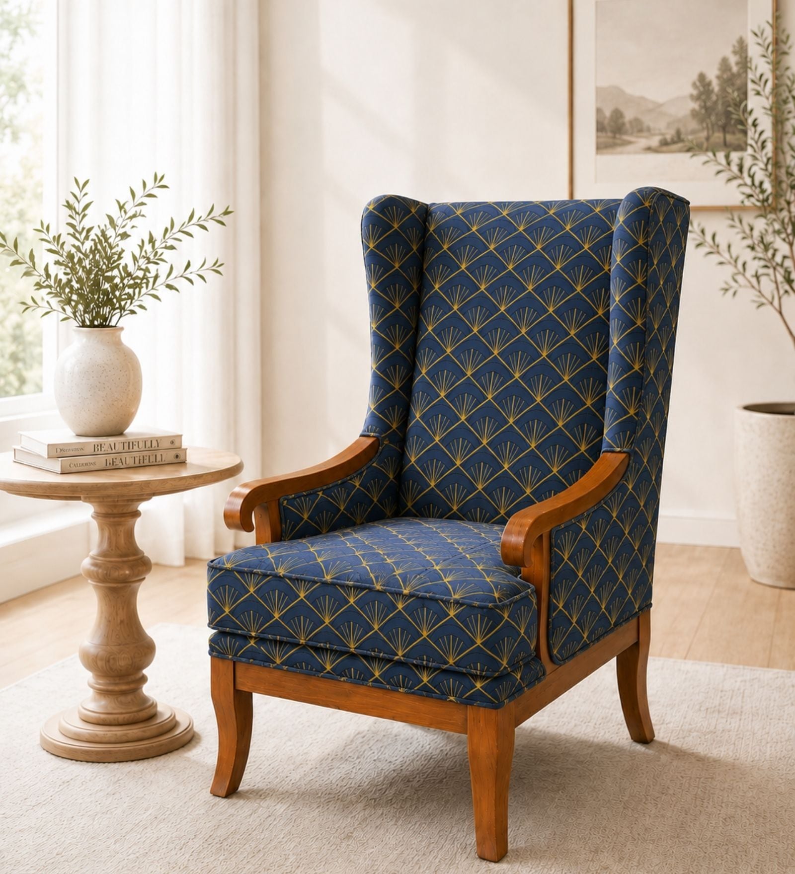 Roark Teak Wood Wing Chair With Suede Fabric In Blue Colour