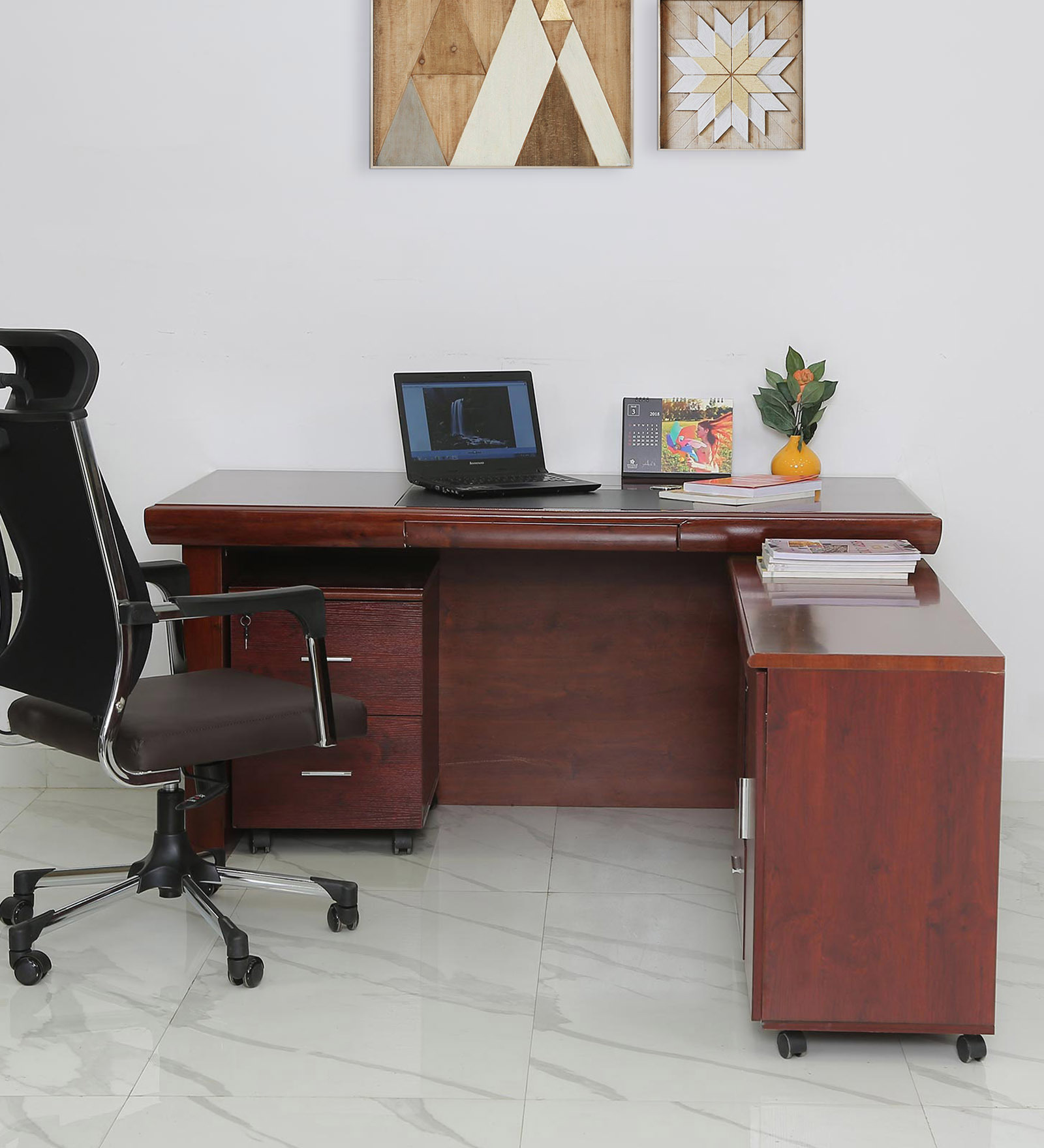 Roberto Executive Office Table with Side Runner & Drawer Cart in Brown Polish