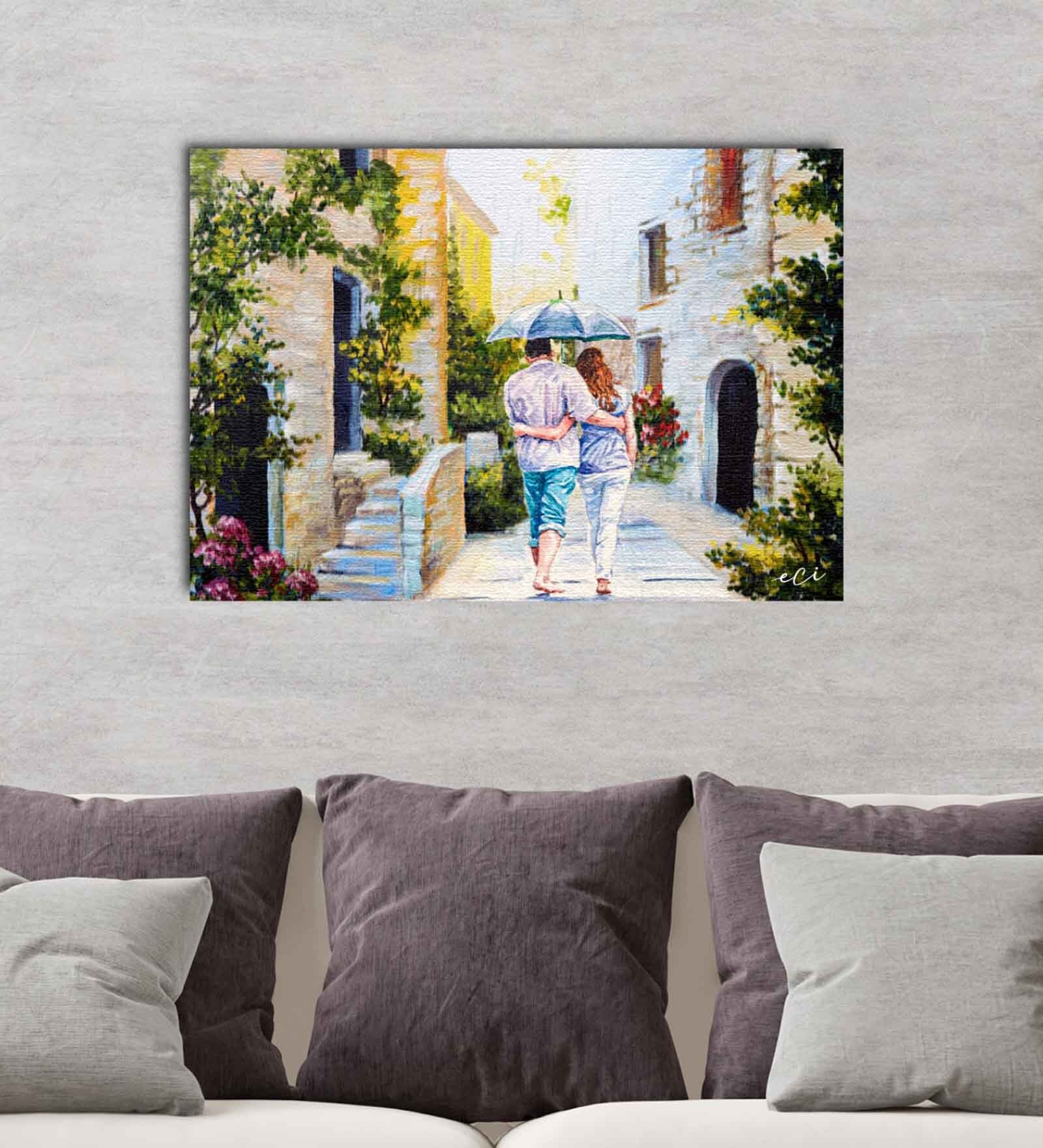 Romantic Couple On A Rainy Day Canvas Printed Art Print